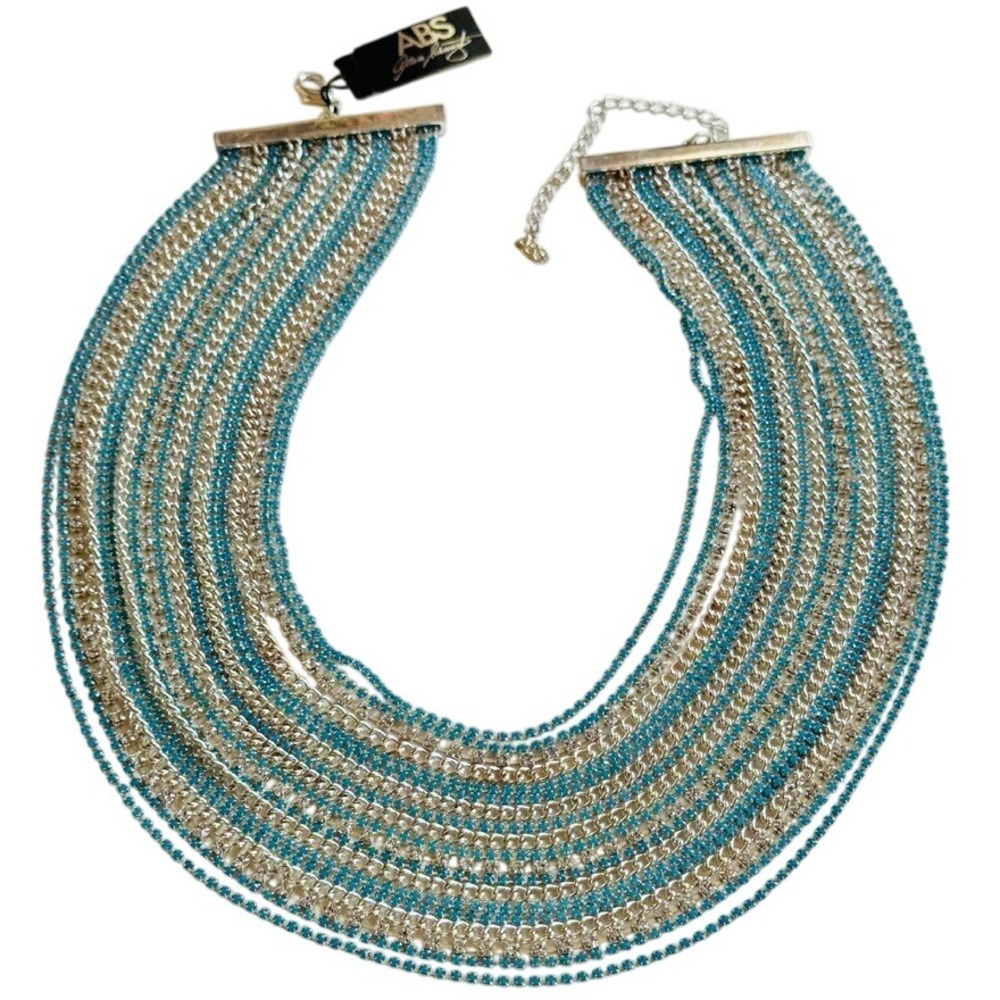 ABS Allen Schwartz‎ Runway Necklace Blue Rhinestone Crystal Multi 19 Rows Blue